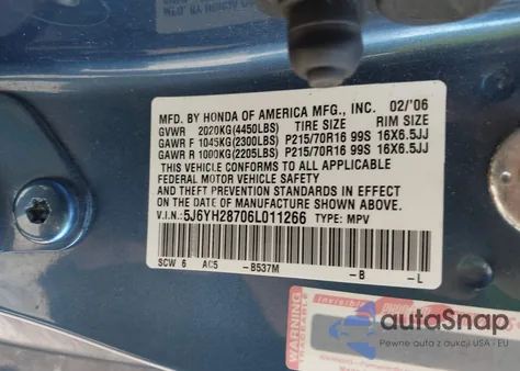 2006 Honda Element Ex-P z USA, uszkodzony, nr VIN 5J6YH28706L011266